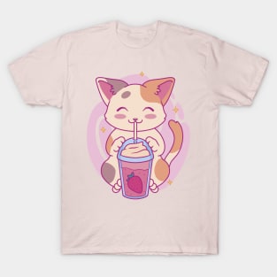 Neko Cat Strawberry Tea Milkshake | Japanese Anime Kawaii T-Shirt